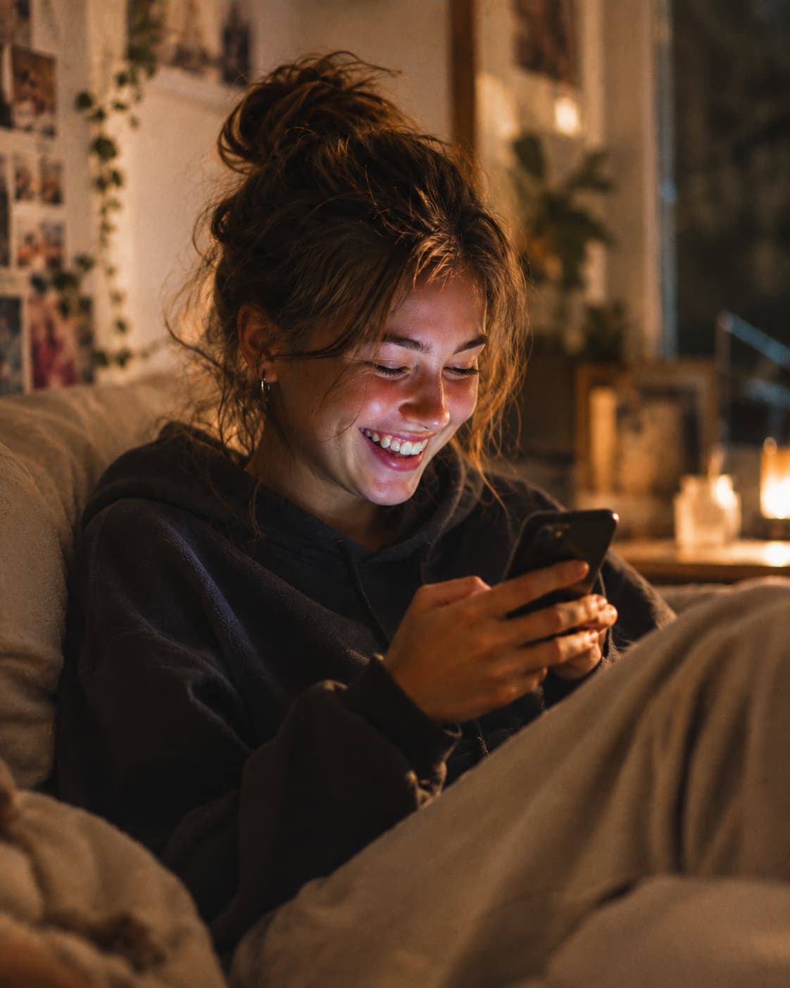 Someone laughing at a photo a friend sent to their phone